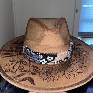 Hand burned Brown Floral Fedora with Patterned Band